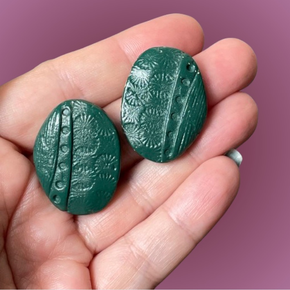 Unique vintage acrylic/resin stamped green leather look post earrings boho